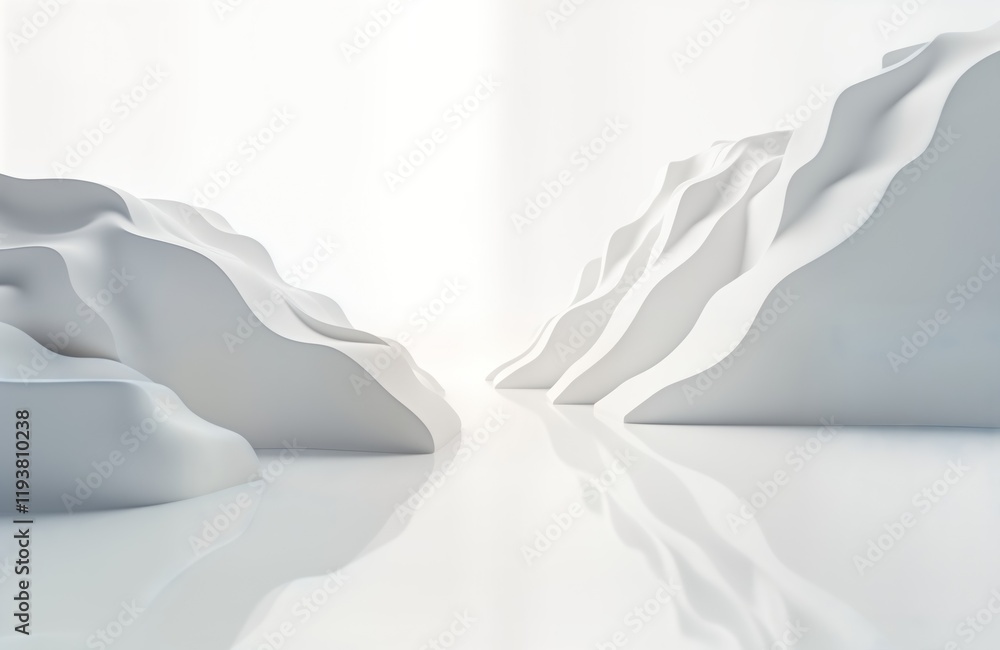 Poster empty abstract interior design scene. minimalist room with white mountains wavy structures. modern, 