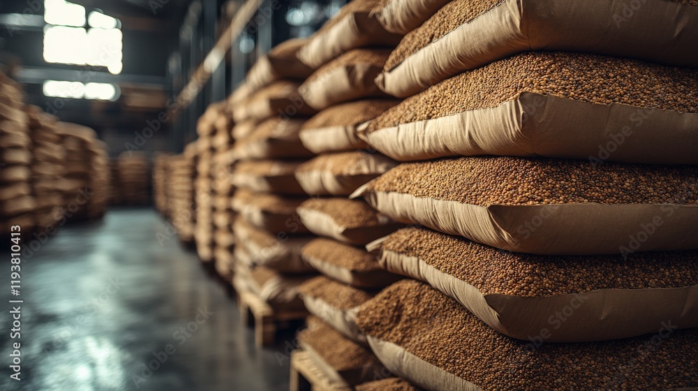 Poster stacked burlap bags of grain in a warehouse setting with natural light filtering through windows cre