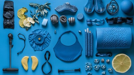 Blue Fitness Equipment Flatlay: Yoga, Pilates, and Sports Accessories