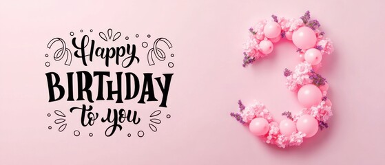 Obraz premium Happy 3rd Birthday Pink Balloons, Flowers Festive Lettering