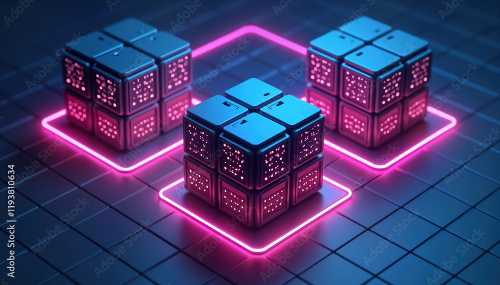 Aufkleber Futuristic server room structure. Data storage cubes. Neon light highlights tech components. Complex tech system. Big data processing. Modern infrastructure. Isometric view. Abstract design. Digital