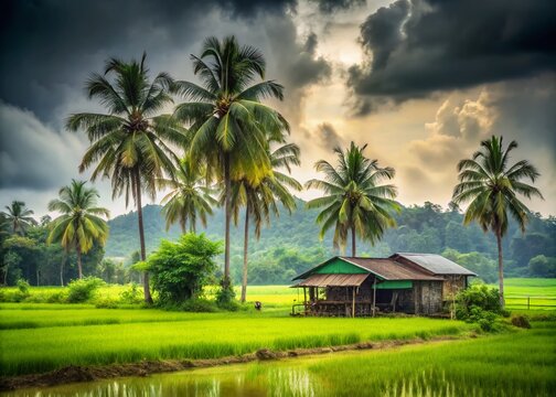 Vintage Rainy Day in Rural Kluang, Johor, Malaysia: Southeast Asian Tropical Landscape