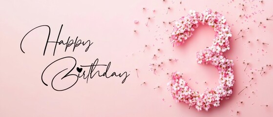 Naklejka premium Happy 3rd Birthday Floral Number Three Pink Flowers Background