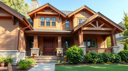 Fototapeta premium Luxury Craftsman Home Exterior: Modern Design, Landscaping, and Architectural Details
