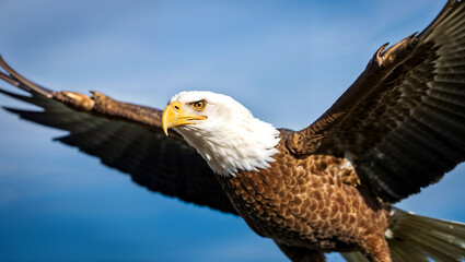 Fototapeta premium Bald eagle soaring in flight, symbolizing freedom, strength, and natural beauty. Generative AI