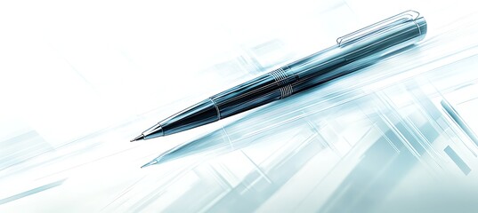 Naklejka premium A banner with a high-tech smart pen, with copyspace on the right and a creative workspace in the background