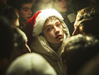 Obraz premium A young person wearing a Santa hat stands out in a bustling, festive crowd, illuminated by soft light, capturing the spirit of holiday joy.
