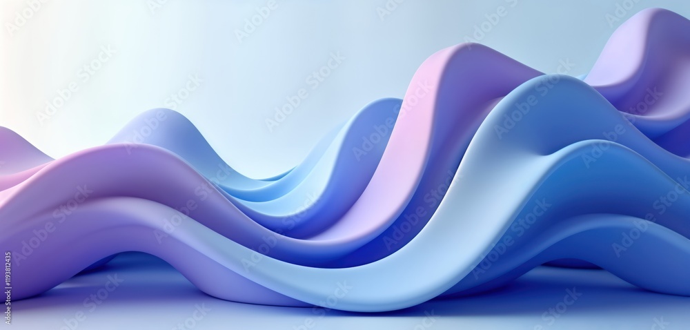 Poster Abstract 3D render flowing shapes in blue, purple hues. Fluid forms, vibrant colours create dynamic composition. Modern design with soft gradients suggests motion, energy. Abstract artwork perfect