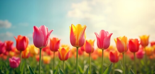 Colorful tulips bloom in garden under bright sunlight. Vibrant colors fill spring meadow. Beautiful floral scene perfect for springtime holidays. Blooming tulip garden ideal for seasonal decorations,