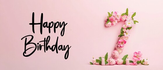 Naklejka premium Happy 7th Birthday Floral Number Seven with Candles Pink Background