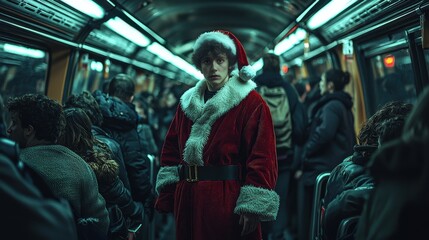 Fototapeta premium A young man in a Santa costume stands in a crowded subway car, creating a striking contrast against commuters. Captures the holiday spirit in a modern setting.