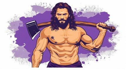 A vibrant grungy illustration showcasing Parshuram in purple hues, wielding an axe, capturing the spirit of Jayanti celebrations.