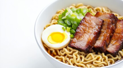 Fried pork belly ramen, Japanese cuisine concept, placed on noodles with egg and broth, isolated on white background