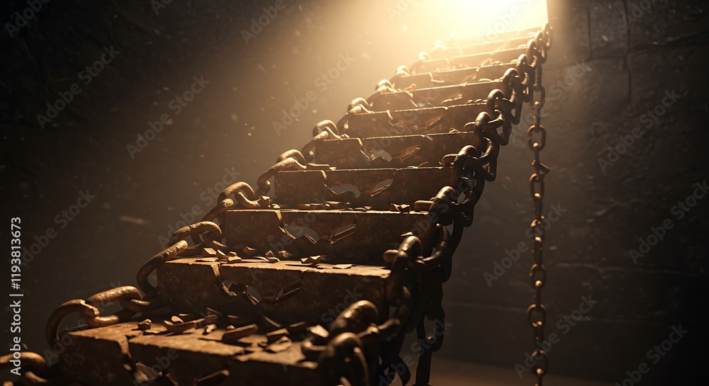 Poster rusty chains on ancient, broken dungeon steps illuminated by a dark light.