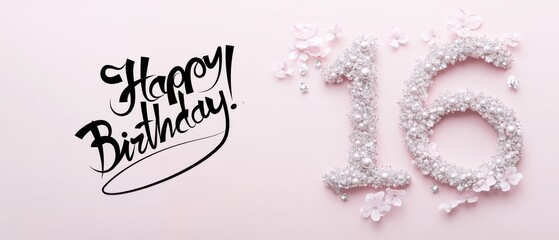 Naklejka premium Happy 16th Birthday Sparkling Pearl Number Sixteen on Pink Background