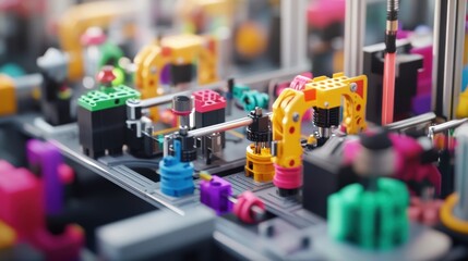 A miniature assembly line where various colored polymer parts are being fitted together showcasing the adaptability of the microfactory setup. The scene includes modular stations each