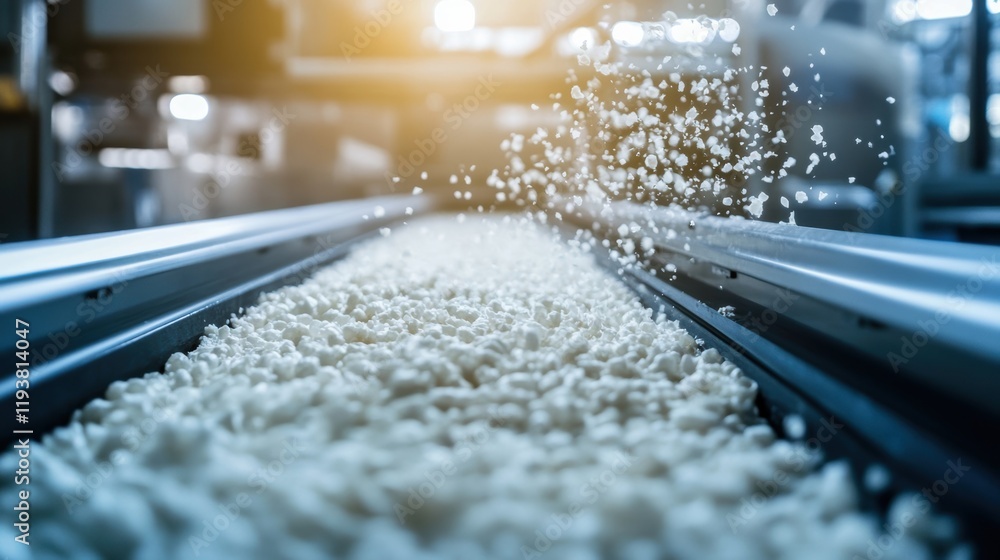 Poster closeup of a conveyor belt transporting compostable packing peanuts with soft lighting highlighting 