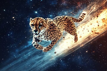 cheetah in hyperspace, running through space surrounded by the cosmos rushing around at light speed movement 