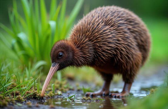 Kiwi bird forages in wet New Zealand grass. Close up view of unique flightless bird with long beak. Natural habitat. Endangered species. Wildlife nature photo. Conservation biodiversity.