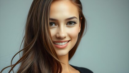 Fototapeta premium Mortrait of a female model smiling on a grey background