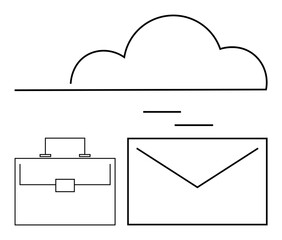 Cloud outline above briefcase and envelope, representing digital storage, communication, organization, and mobility. Ideal for technology, business, emails, workflow networking cloud services