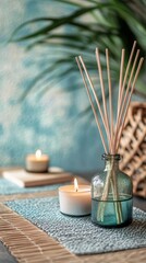 lit candles on a table as decoration with copy space vertically 9:16