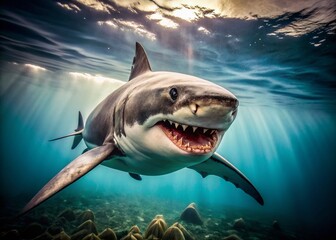 Fototapeta premium Vintage Underwater Great White Shark Close-Up: Jaws, Teeth, Ocean