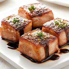 Fried pork belly with balsamic drizzle, modern gourmet touch, vibrant and glossy finish, isolated on white background