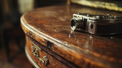 A close-up of a vintage film camera resting on an old wooden desk with soft lighting, highlighting its intricate details