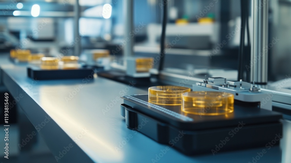 Poster a set of calibrated weights and gauges laid out on a clean inspection table while a quality control 