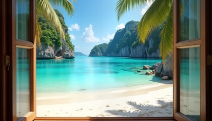 Tropical paradise view from inside house window. Blue turquoise water laps white sand beach. Palm trees, rocks form background. Sunny warm light. Vacation destination. Tranquil scene. Breathtaking