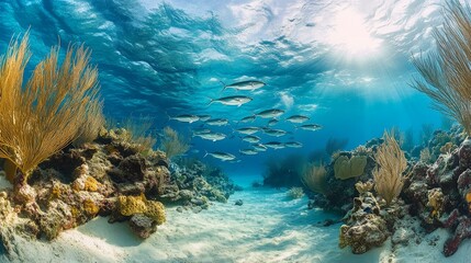 Obraz premium A diver exploring a vibrant coral reef, surrounded by a school of barracudas swimming elegantly through the clear blue water