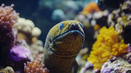 A diver holding food for a moray eel, with the eel cautiously approaching in the vibrant waters of a coral reef.