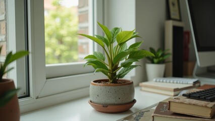 Fototapeta premium A lush plant emerges from a speckled gray pot on a pristine white desk, its brown-rimmed base catching light, evoking serene growth indoors