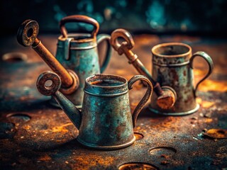 Vintage Watering Can Keys: Rustic Metal Keys Shaped Like Watering Cans, Grunge Background