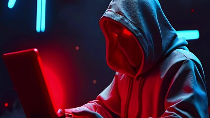 A figure in a hooded sweatshirt with glowing red eyes works on a laptop in a dark setting.