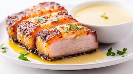 Fried pork belly with garlic butter, melting sauce detail on crispy pork, isolated on white background
