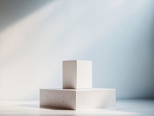 Minimalist Geometric Podium with White Cube on Round Pedestal for Product Presentation