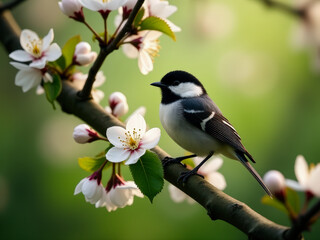 Fototapeta premium A picturesque image of a black-capped chickadee perched on a flowering cherry tree branch amidst vibrant spring blooms