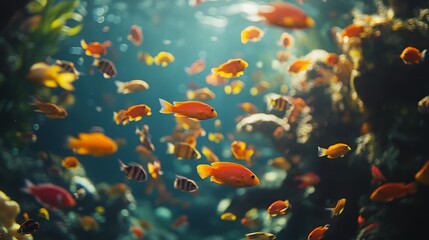 Fototapeta premium A school of bright, colorful fish swimming through a lush coral reef, with the water's clarity showcasing the variety of marine life.