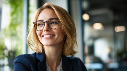 Smiling blonde businesswoman in glasses posing in modern office environment