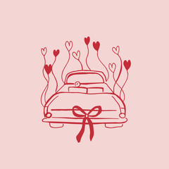 Whimsical wedding car with bow and hearts. Doodle vector illustration