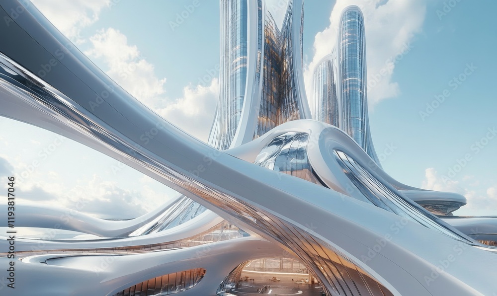 Poster low angle view of futuristic architecture, skyscraper of office building with curve glass window,