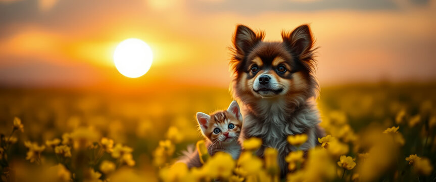 A warm, golden sunset highlights a small dog and kitten nestled in a vibrant field of yellow flowers, exuding comfort and companionship.