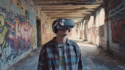 Young caucasian male in virtual reality headset exploring graffiti in abandoned warehouse