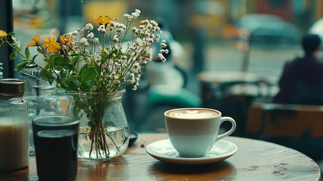 Coffee cup with flower arrangement on wooden table in a cozy cafe during a rainy day
