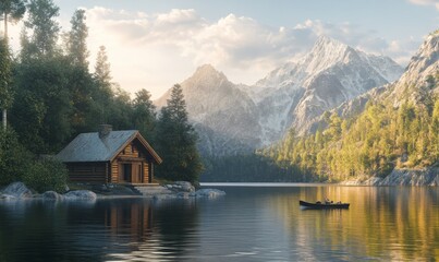 Fototapeta premium A secluded cabin on a tranquil lake with mountain views