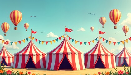 Obraz premium Colorful circus tents stand under clear sky filled with hot air balloons. Festive banners decorate tents. Joyful atmosphere suggests lively celebration. Summertime fun featured. Open space available