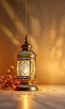 Golden lantern with intricate designs emits light onto surface and brown background