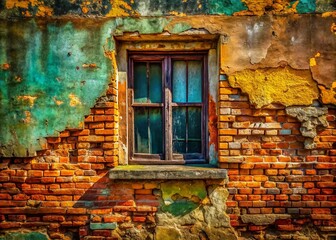 Weathered Brick Wall with Grungy Window - Architectural Texture Background